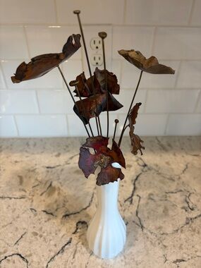 Brutalist Metal Flowers in Vintage Milk-glass Vase